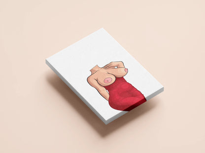 Elegant digital art of a woman in a red dress on canvas showcasing bold curves and contemporary design.