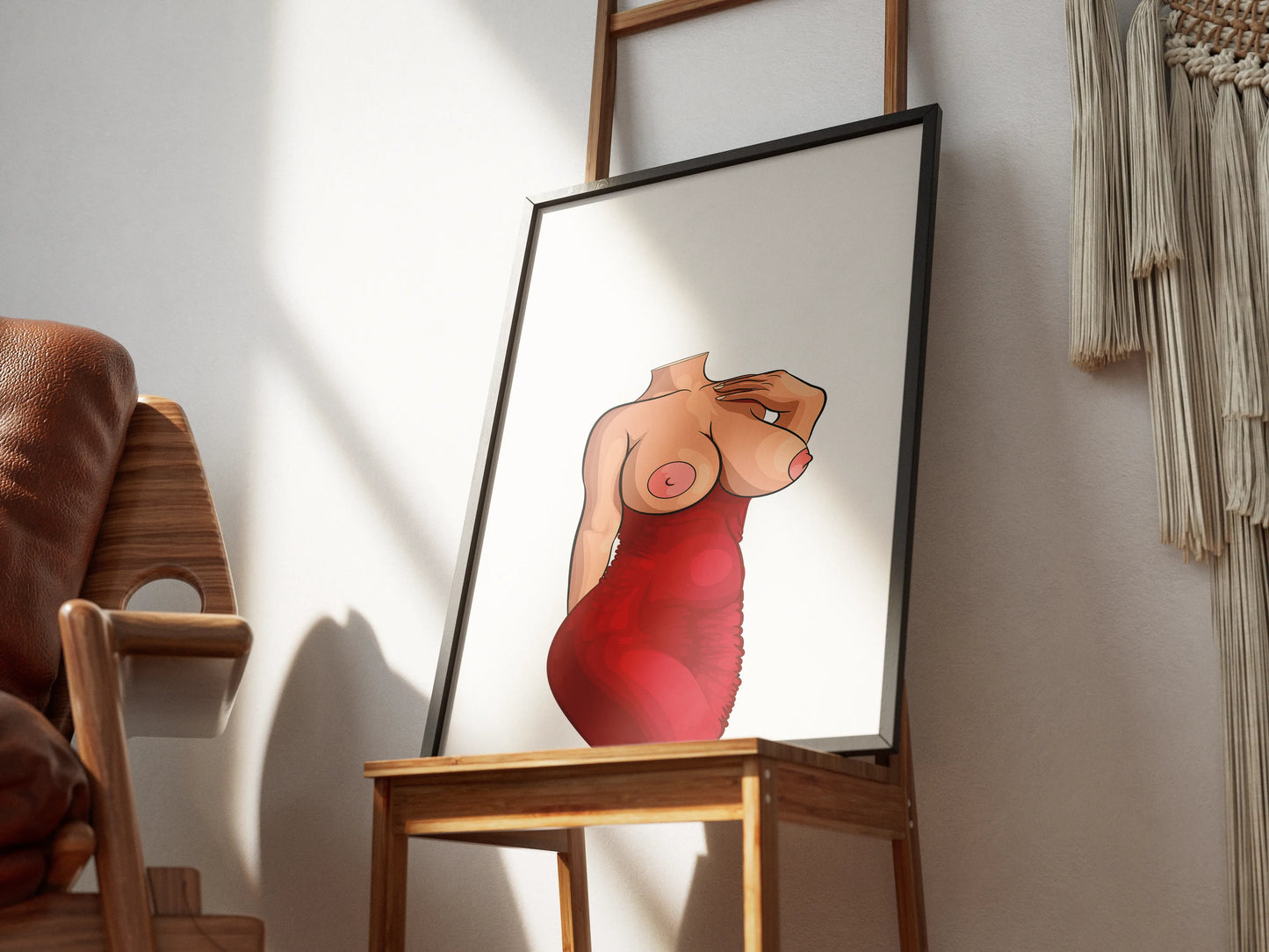Elegant digital art of a woman in a form-fitting red dress, titled Dress 4, featuring bold curves and refined details, representing baked art style.