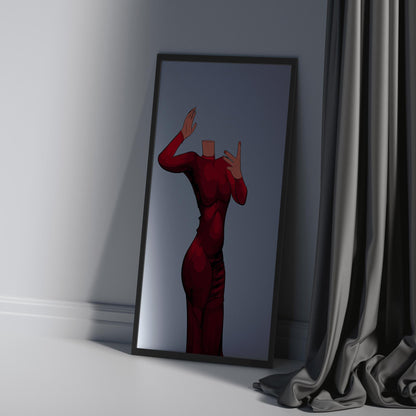 Digitalized Arts Baked Art dress illustration featuring a bold red pose in a mirror.
