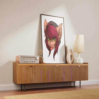 Baked Art - Furries Model 10 with maroon-haired furry character in a hood, displayed on a wooden console.