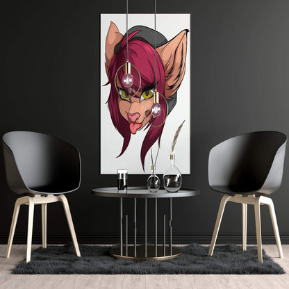 Digital art of a maroon-haired furry character with yellow eyes in a hood.