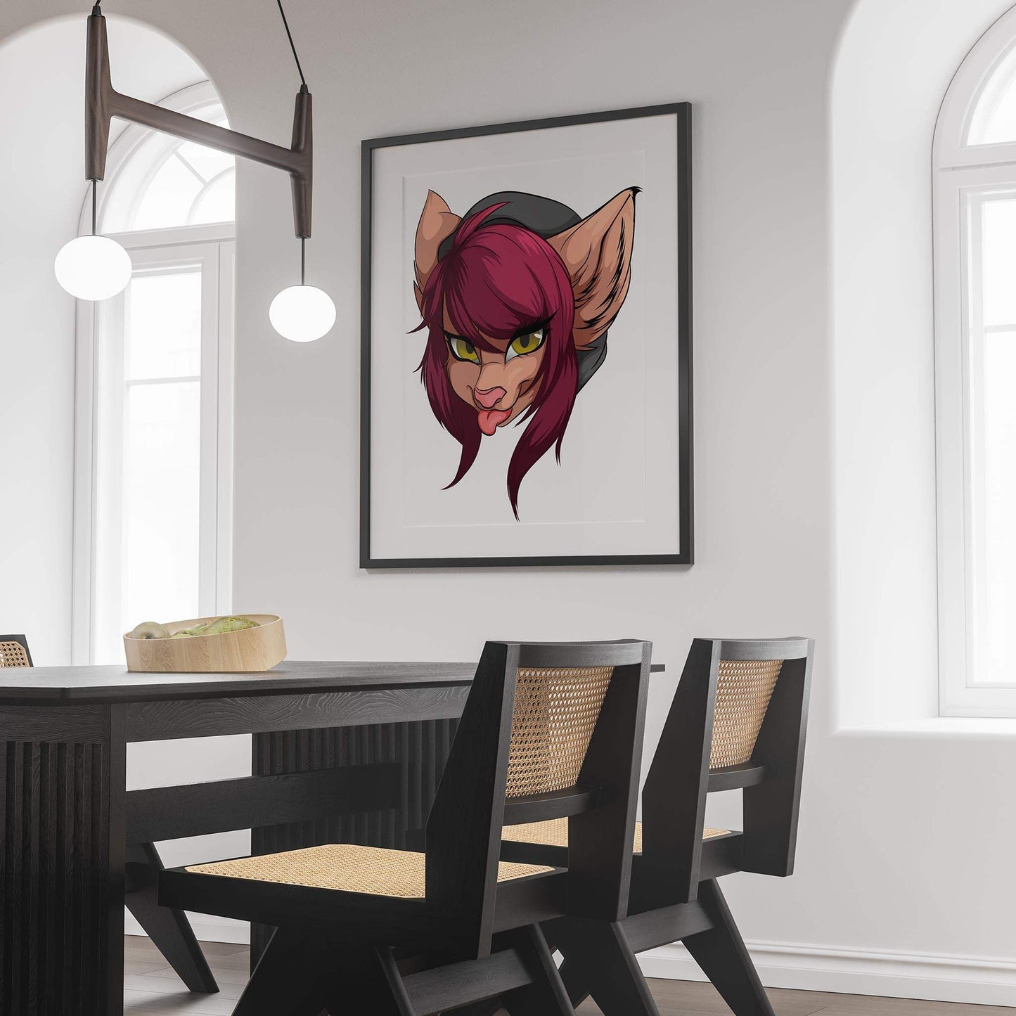Baked Art - Furries Model 10 digital artwork, featuring a maroon-haired furry character with yellow eyes in a playful pose, perfect for art collections.