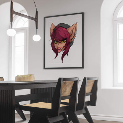 Baked Art - Furries Model 10 digital artwork, featuring a maroon-haired furry character with yellow eyes in a playful pose, perfect for art collections.