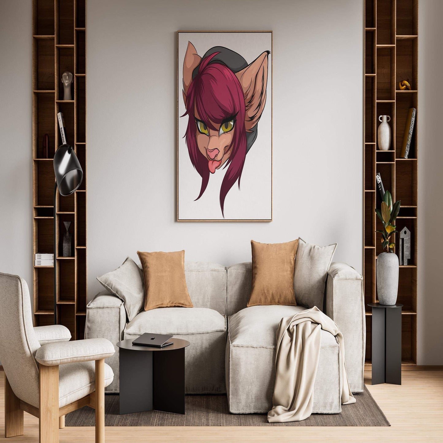 Maroon-haired furry character digital art with yellow eyes and tongue-out pose, wall display for home decor.