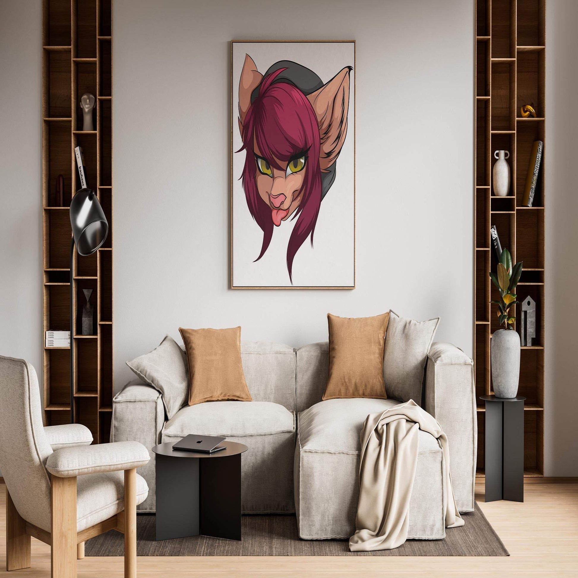 Maroon-haired furry character digital art with yellow eyes and tongue-out pose, wall display for home decor.