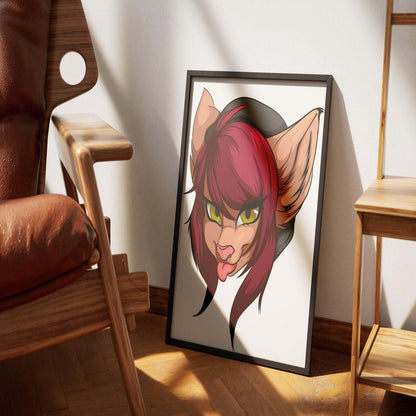 Maroon-haired furry character artwork with yellow eyes in playful pose, framed on wooden floor.