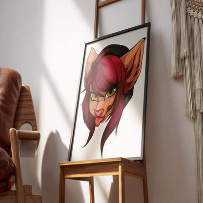 Maroon-haired furry character artwork in a frame, featuring yellow eyes and playful pose, titled "Furries Model 10 - Digitalized Arts Baked Art".