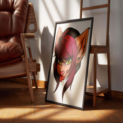 Maroon-haired furry character portrait in black frame, Baked Art Furries Model 10.