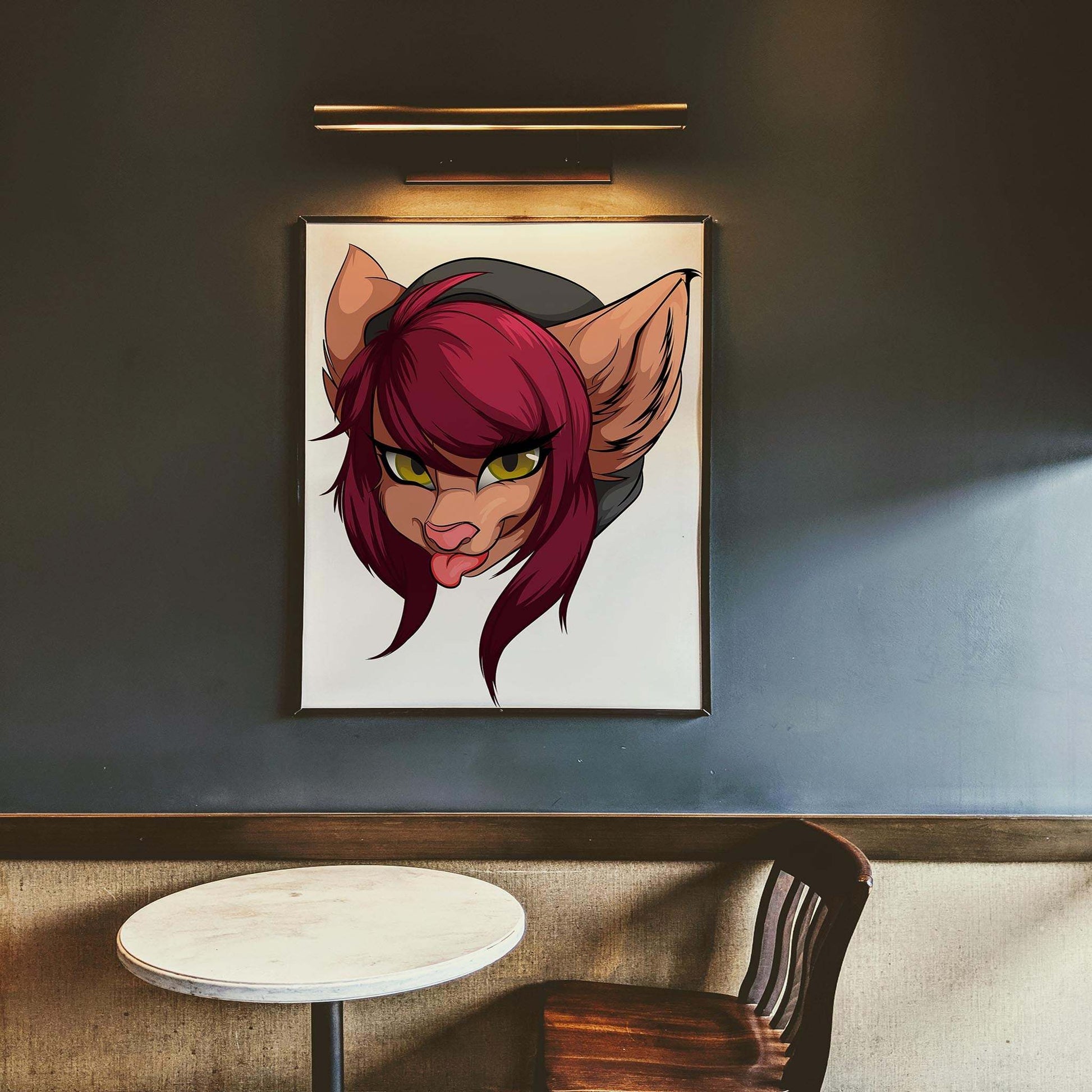 Maroon-haired furry character art with yellow eyes and tongue-out pose, Baked Art - Furries Model 10.