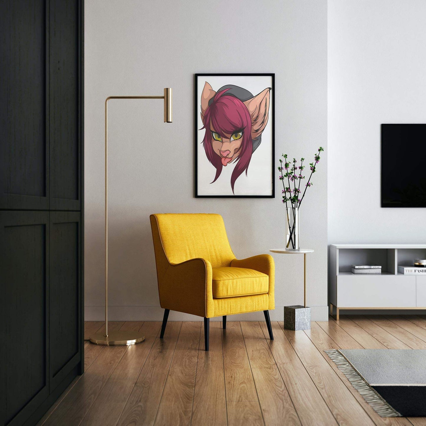 Maroon-haired furry character art on wall in modern living room setting with yellow chair.