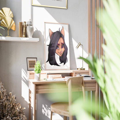 Furry character art with black hair and purple eyes on desk; "Baked Art - Furries Model 11".