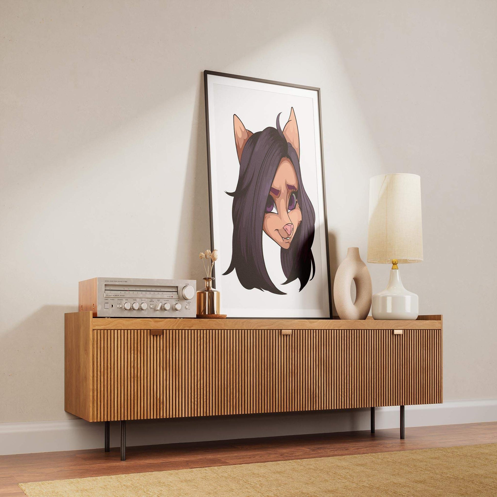 Baked Art - Furries Model 11 framed artwork with black-haired furry character, purple eyes, and a pink nose on modern wooden sideboard.