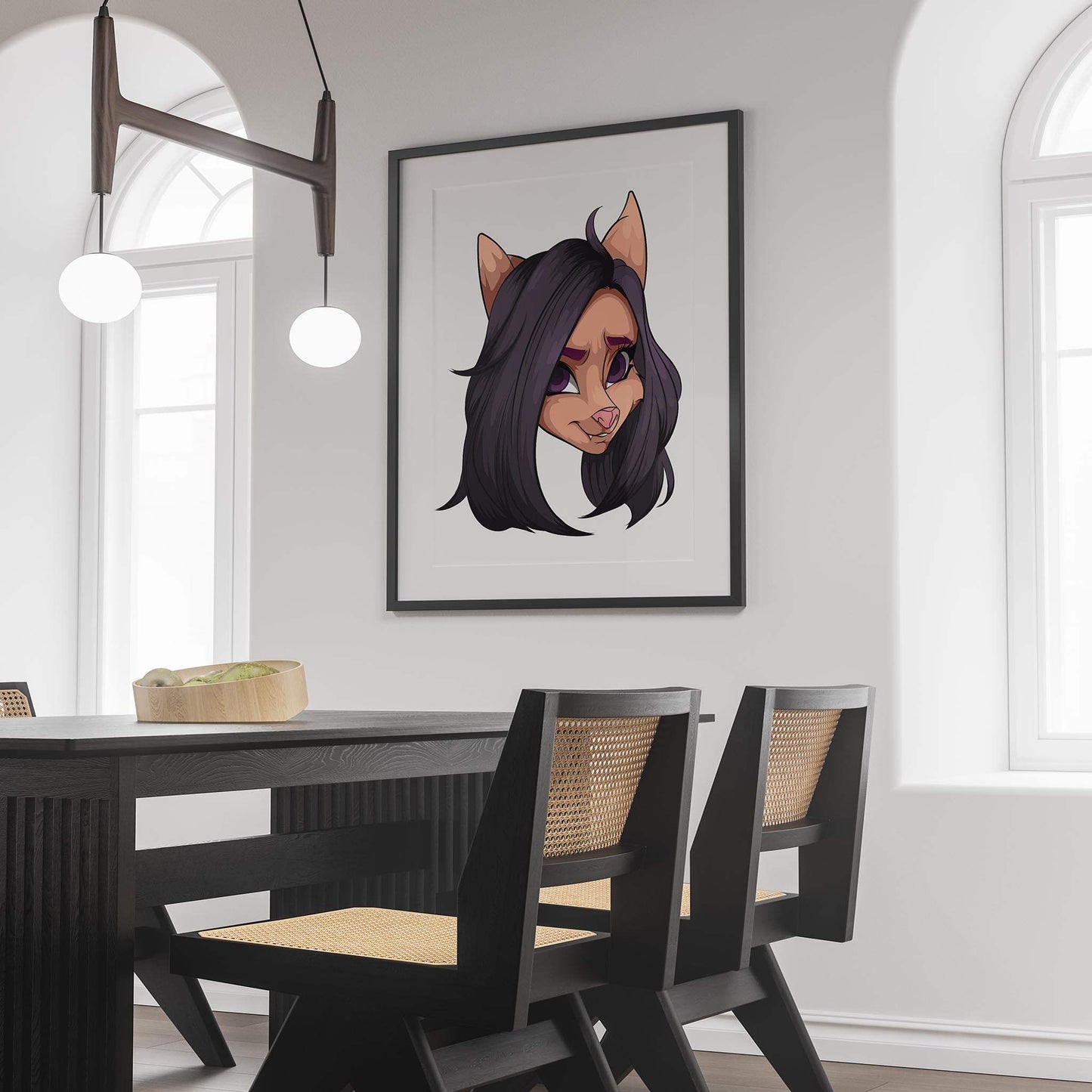 Digital furry art piece on modern dining room wall, featuring black-haired character with purple eyes and pink nose.