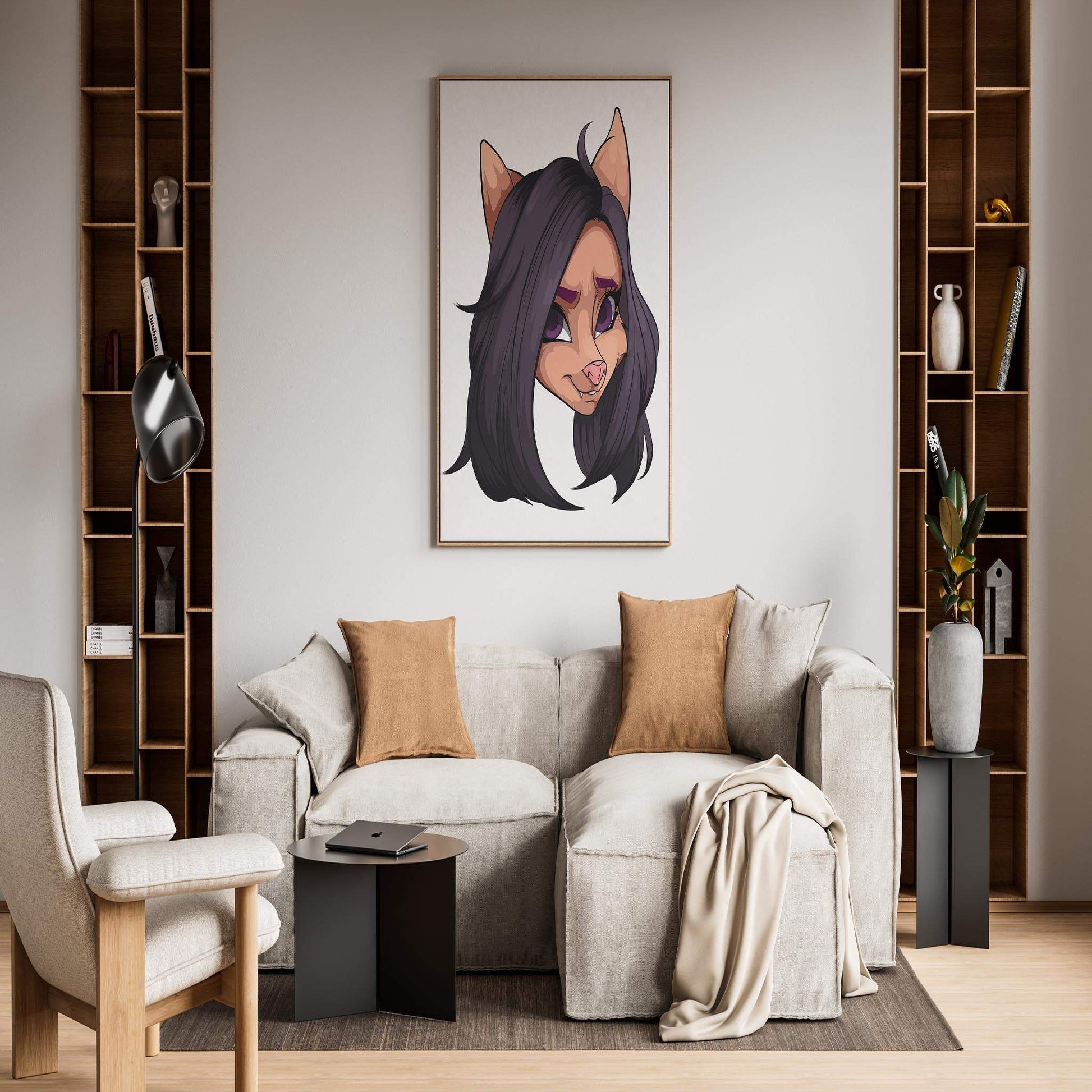 Baked Art - Furries Model 11 digital artwork featuring a black-haired furry character with purple eyes and a pink nose, displayed in a modern living room.