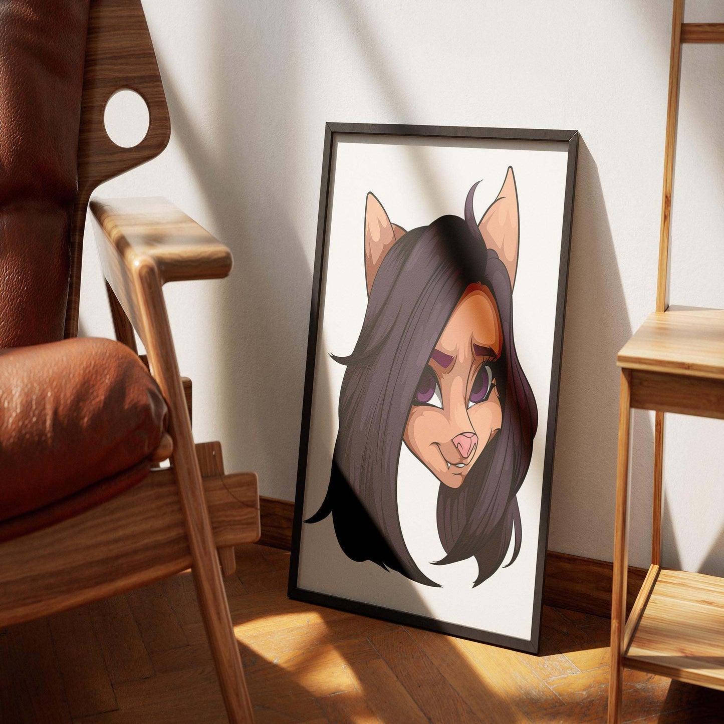 Black-haired furry character artwork with purple eyes and pink nose in frame, digitalized arts baked art style.