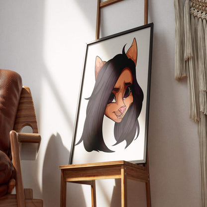 Furries Model 11 wall art with black hair and purple eyes displayed on a wooden easel.