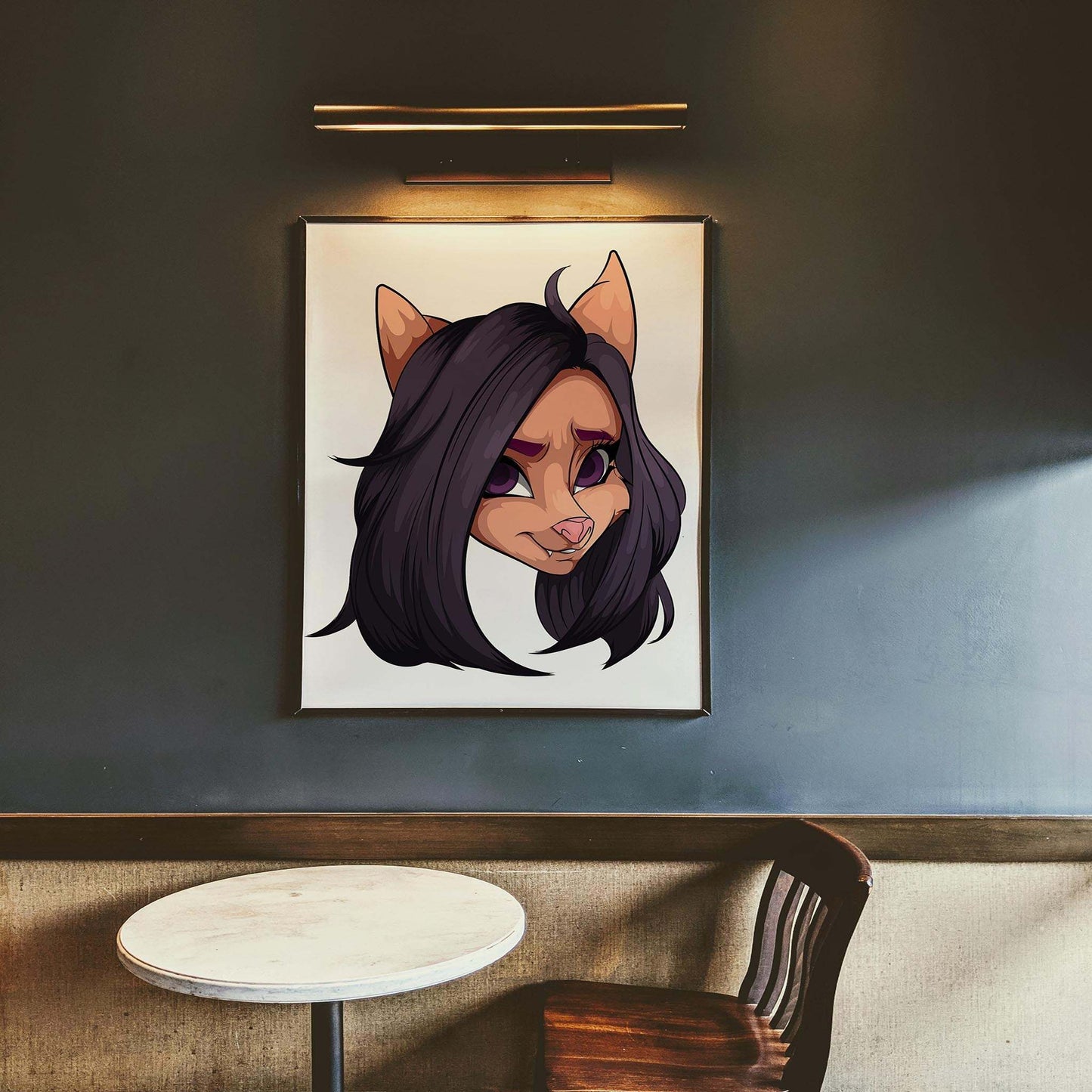 Digital furry character artwork with black hair, purple eyes, and pink nose, titled "Furries Model 11 - Digitalized Arts Baked Art", displayed in an interior space.