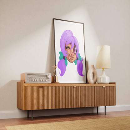 Framed digital furry art with lilac twin-tails on a wooden console.
