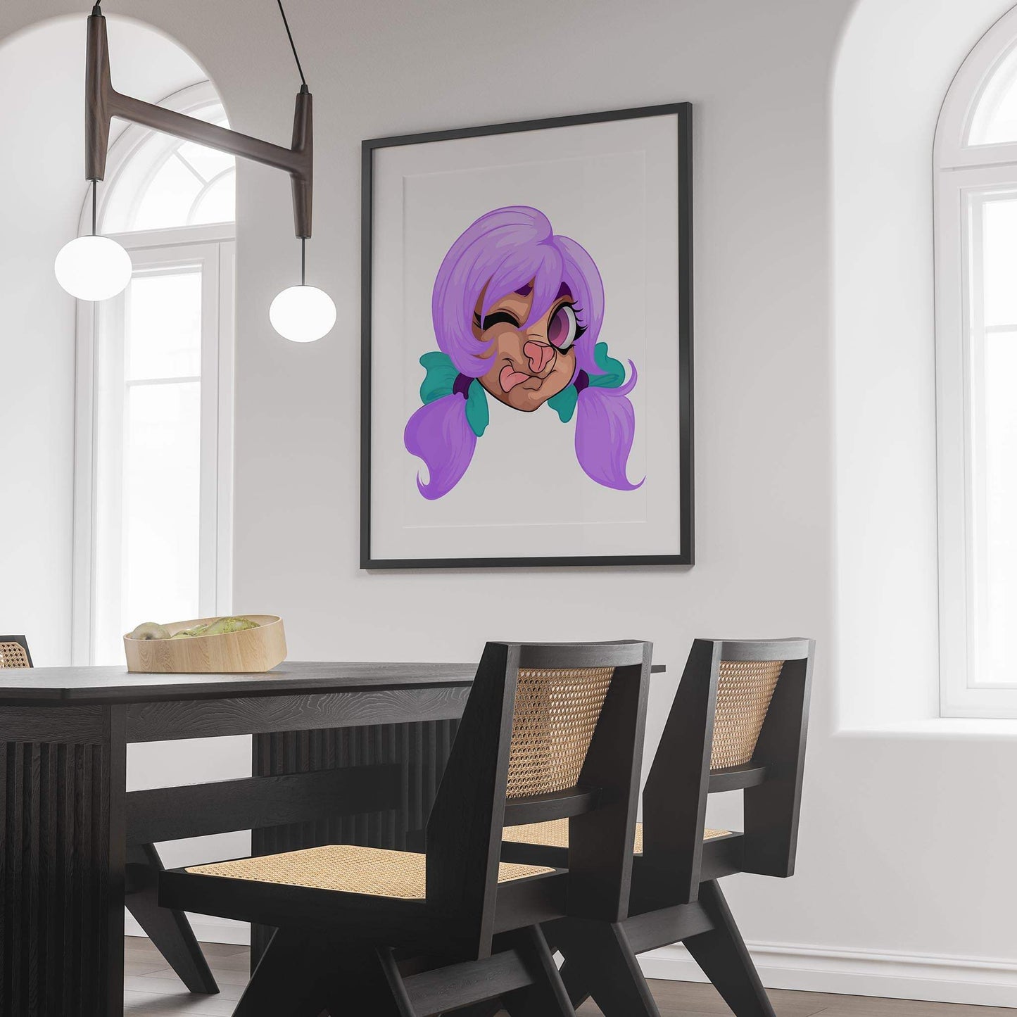 Digital artwork of cartoon character with lilac twin-tails and playful wink, framed on wall; Baked Art - Furries Model 13.