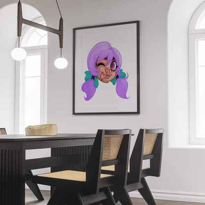 Digital artwork of cartoon character with lilac twin-tails and playful wink, framed on wall; Baked Art - Furries Model 13.