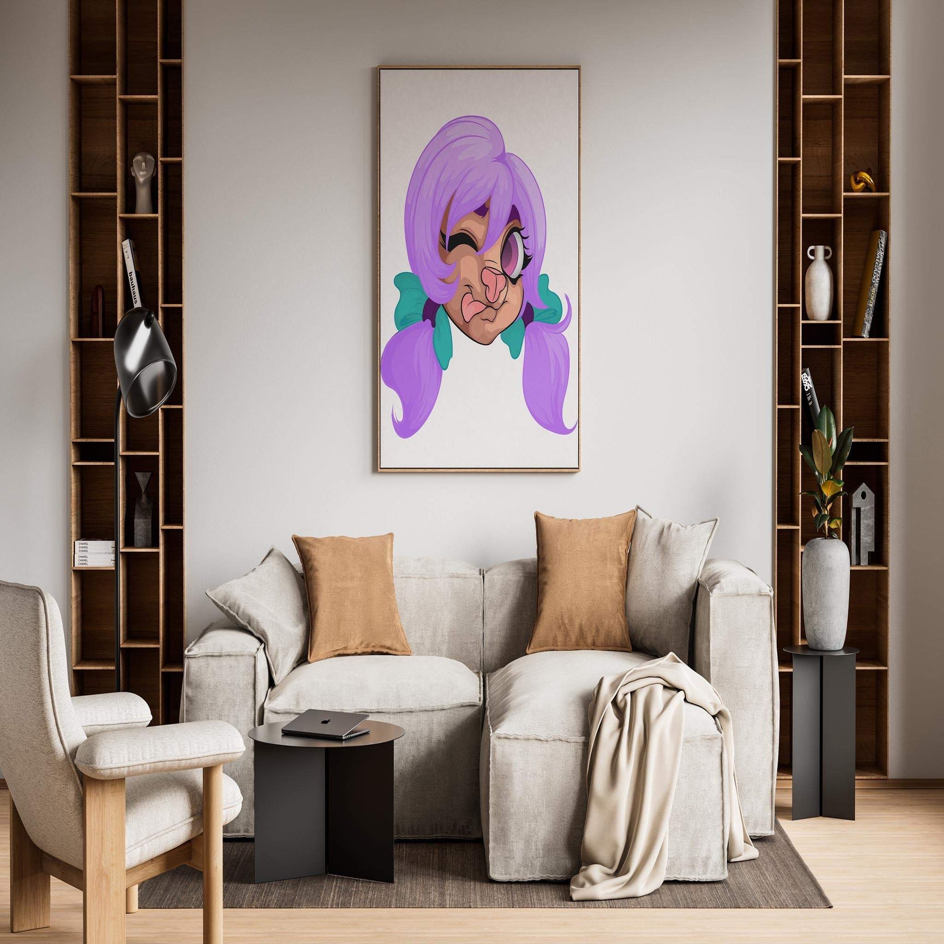 Furries Model 13 artwork, featuring lilac twin-tails and winking expression, displayed in a modern living room.