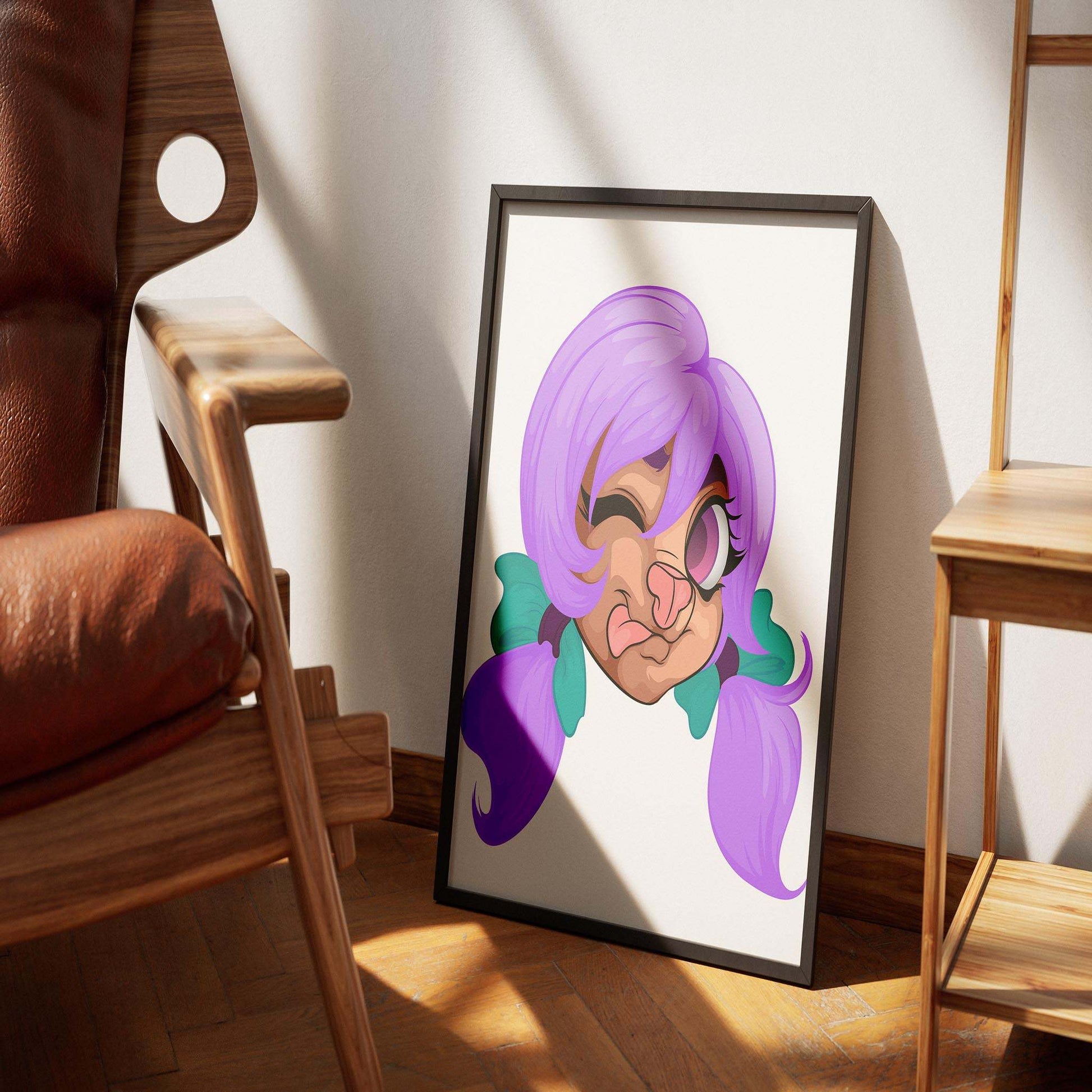 Framed quirky furry illustration with lilac twin-tails and winking expression.