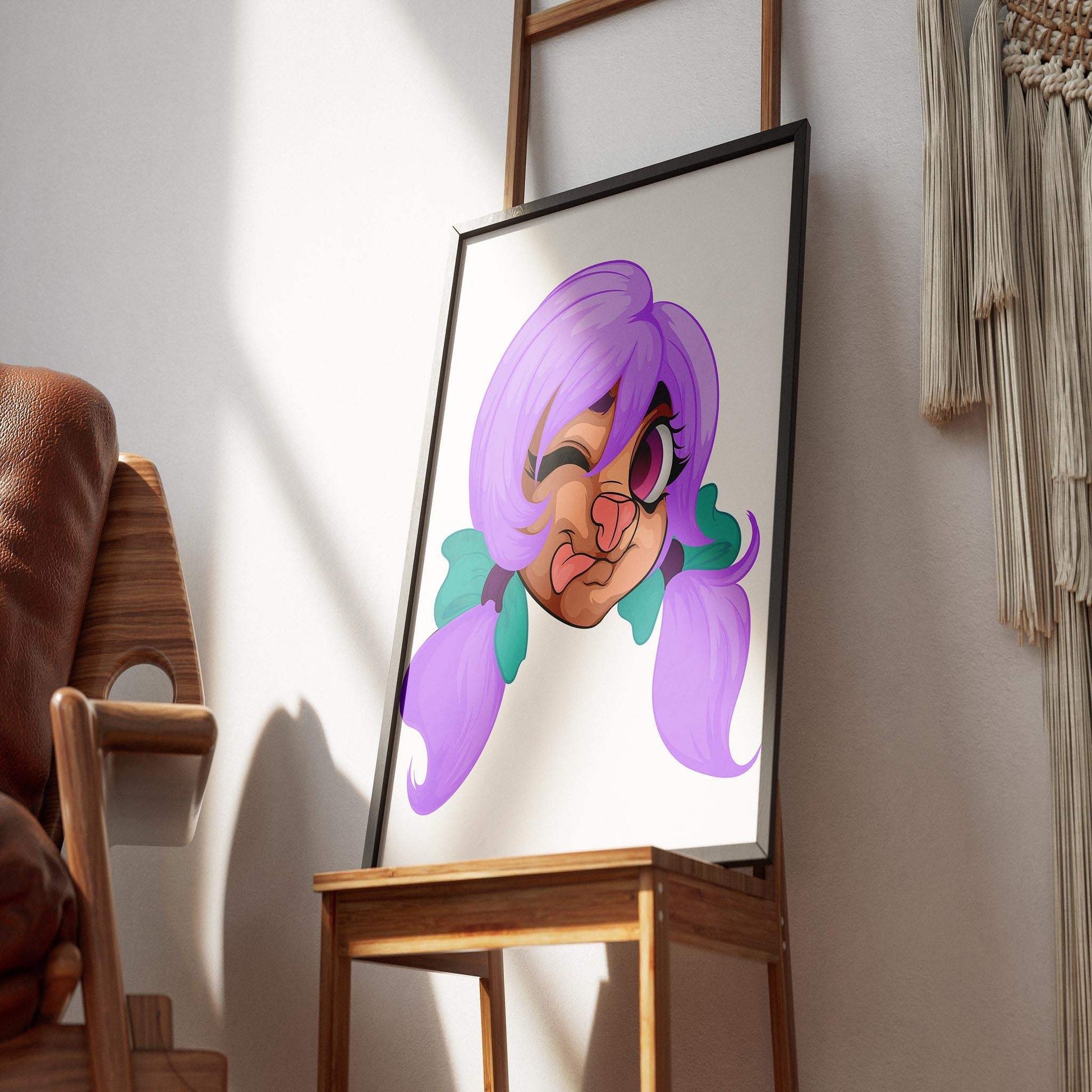 Baked Art Furries Model 13 illustration with lilac twin-tails and a winking expression, displayed in a frame.