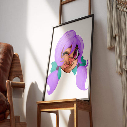 Baked Art Furries Model 13 illustration with lilac twin-tails and a winking expression, displayed in a frame.