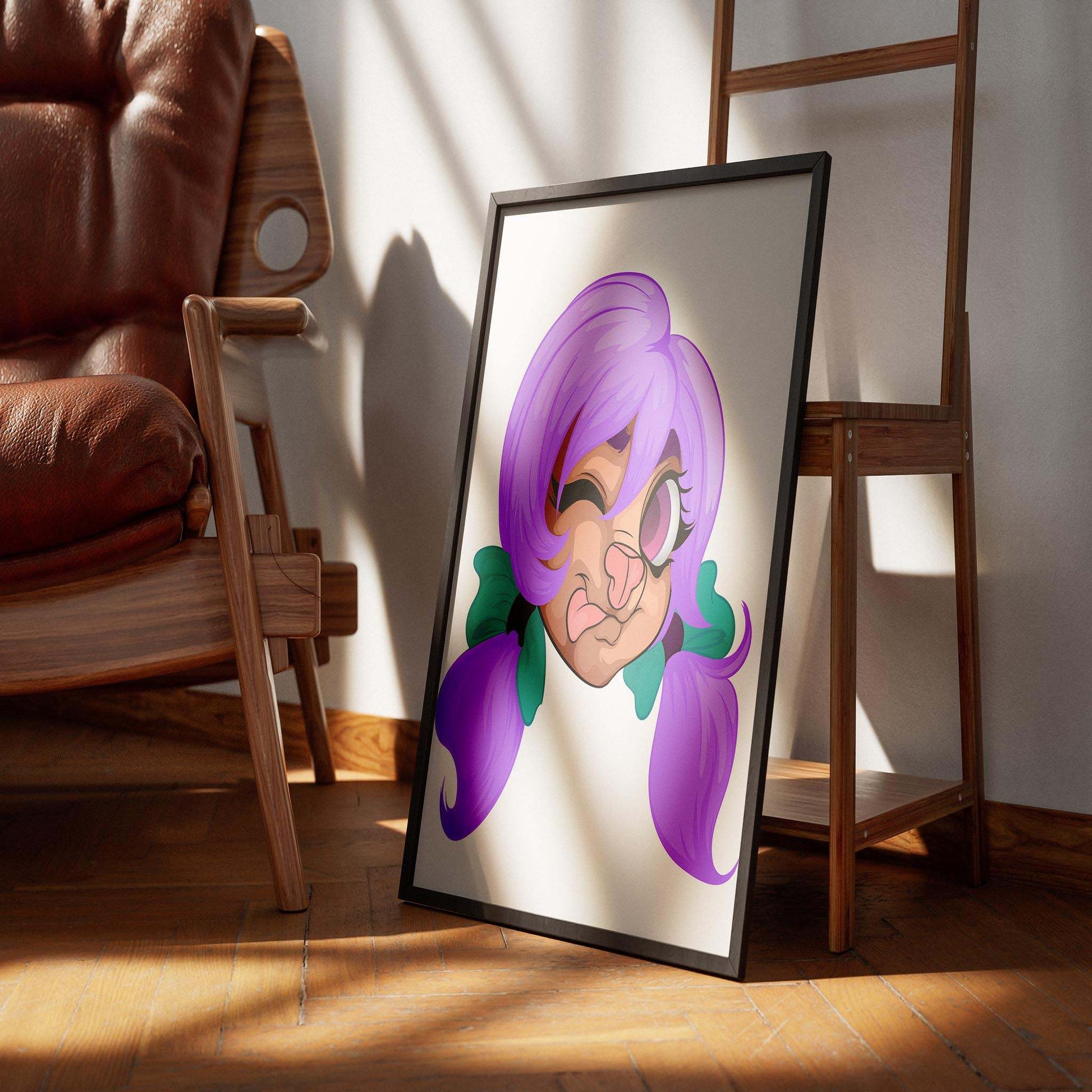 Furry illustration with purple twin-tails, winking expression, framed art on a floor near a wooden chair.