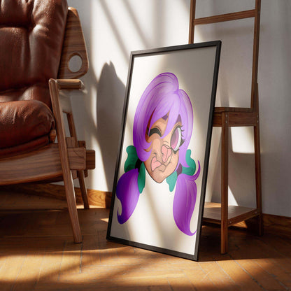 Furry illustration with purple twin-tails, winking expression, framed art on a floor near a wooden chair.