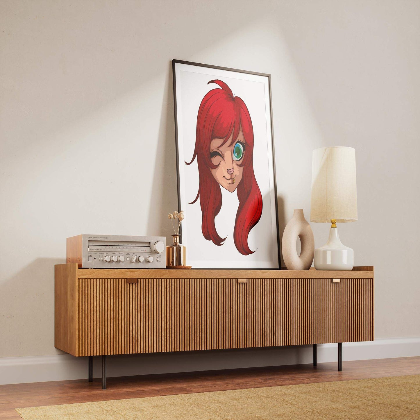 Digital furry art with red hair, playful wink, displayed on a wooden sideboard with a lamp and decor items, titled "Baked Art - Furries Model 15".