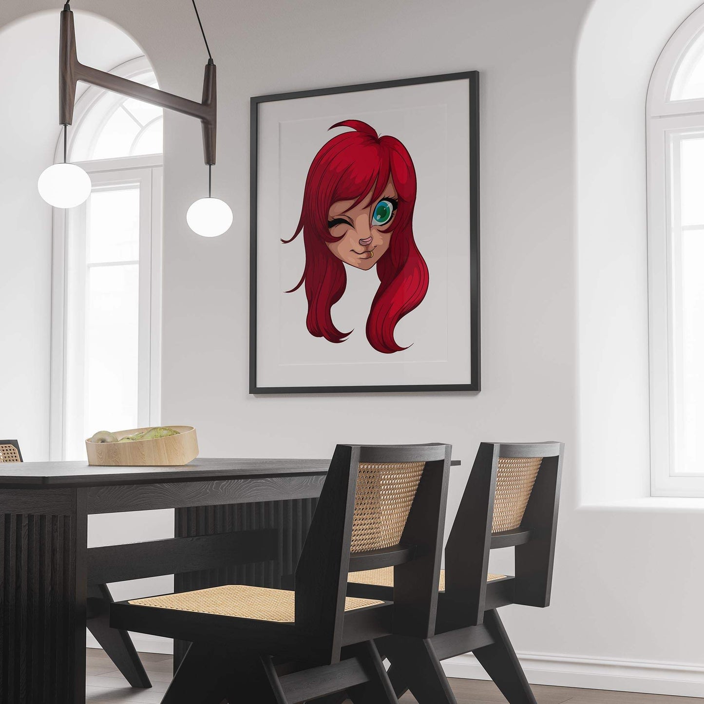 Furry art print with bold red hair and wink displayed in modern dining room.