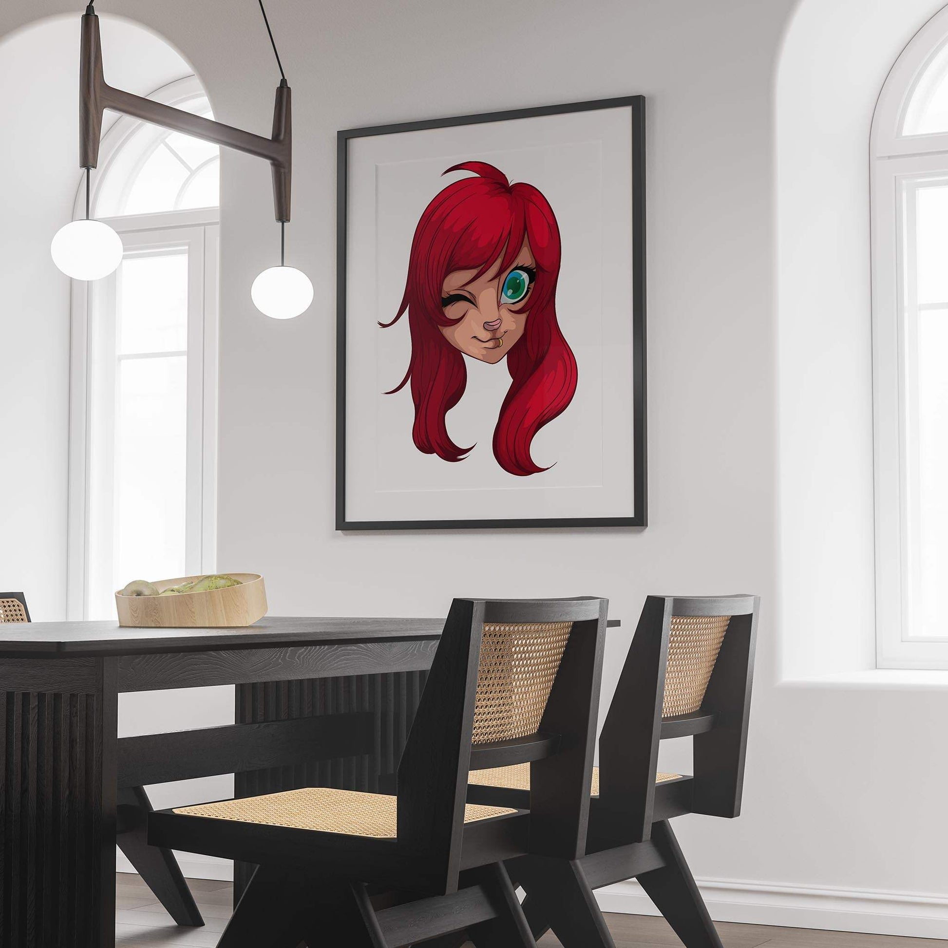 Furry art print with bold red hair and wink displayed in modern dining room.