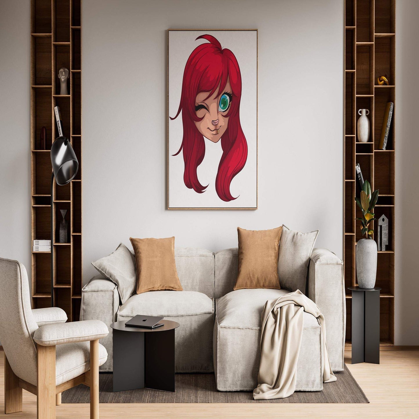 Baked Art - Furries Model 15 with red hair and wink painting in modern living room.