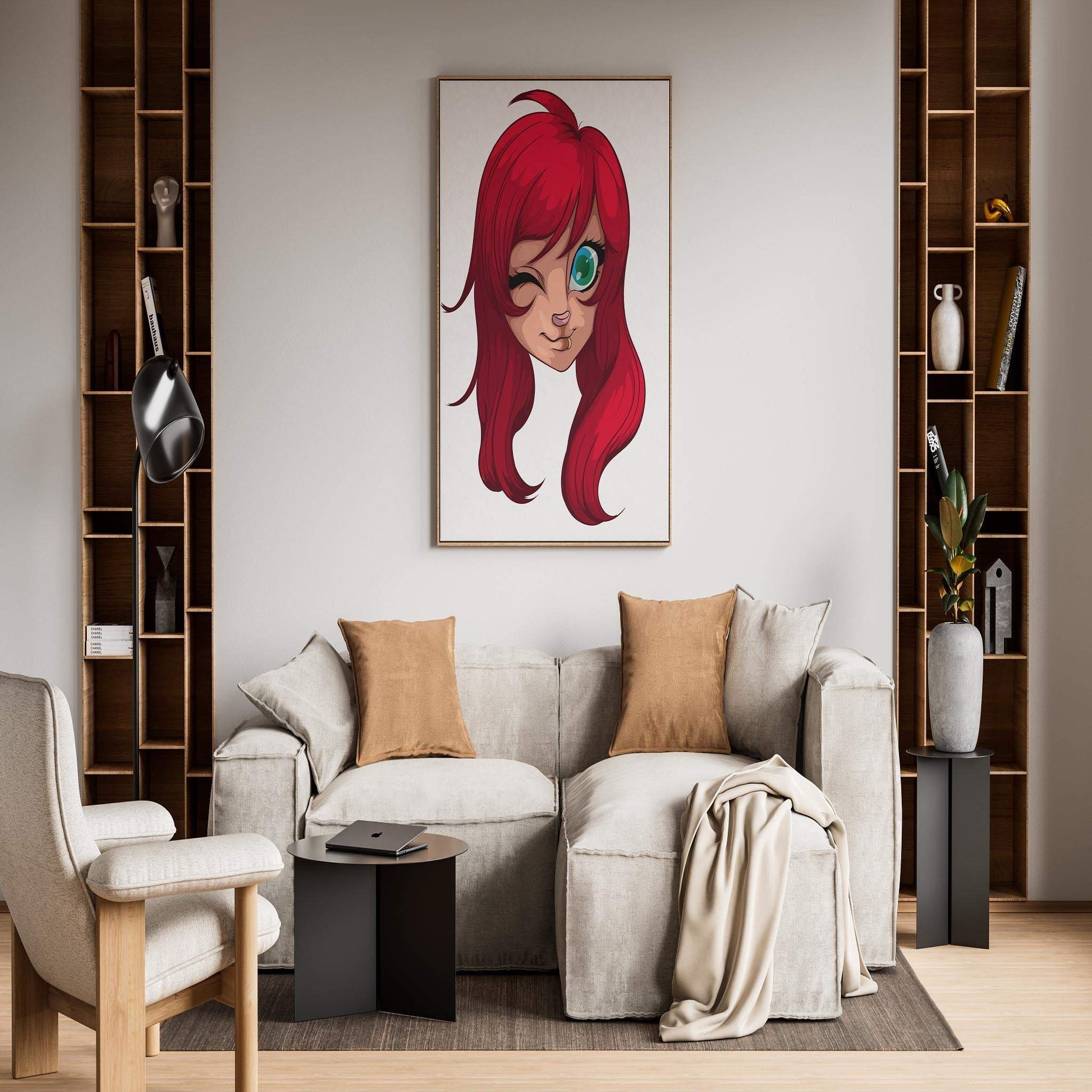 Baked Art - Furries Model 15 with red hair and wink painting in modern living room.