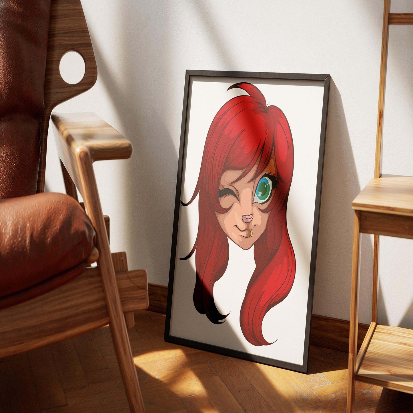 Furry art print with red hair and playful wink on wooden floor.