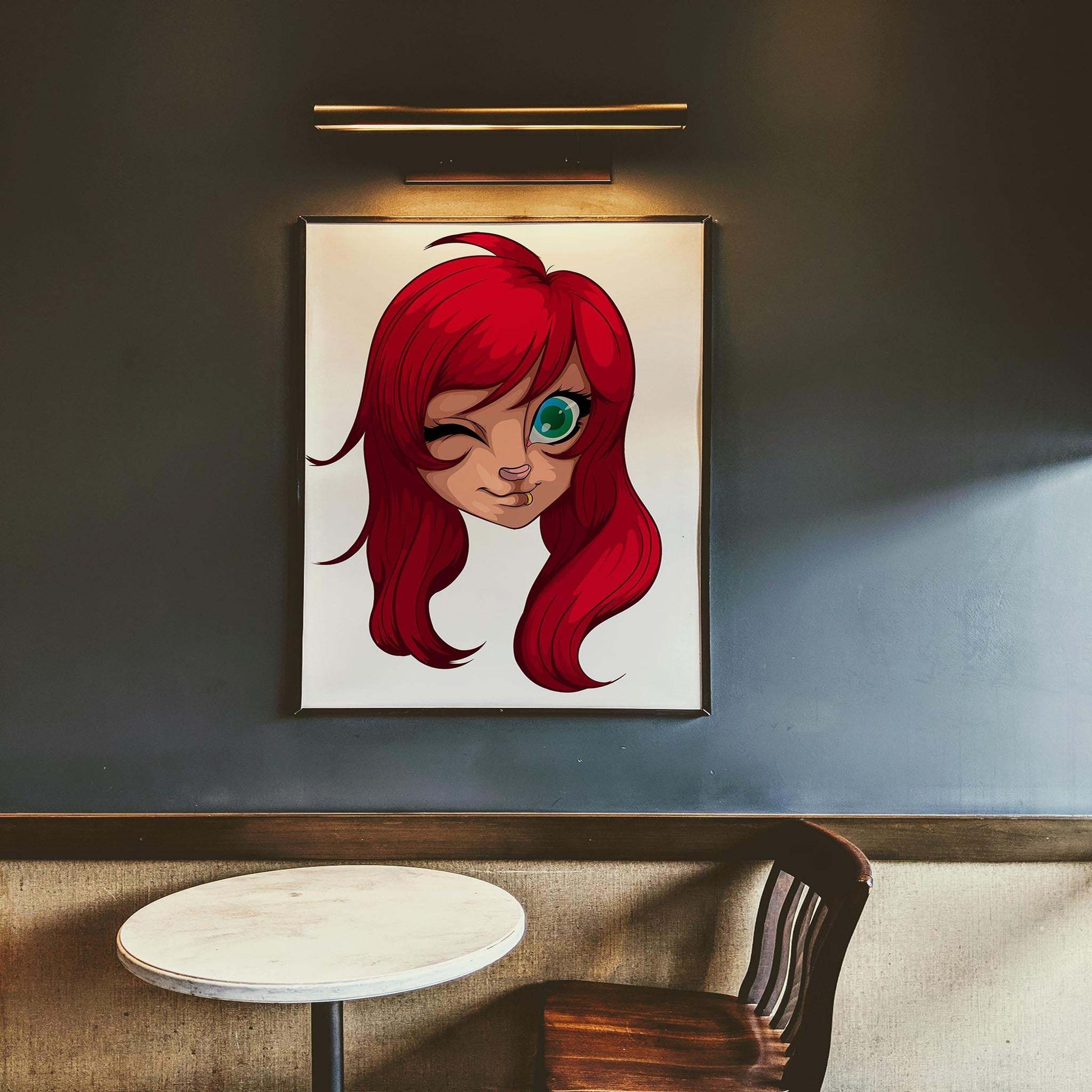 Baked Art - Furries Model 15 with red hair and wink in digital art frame.