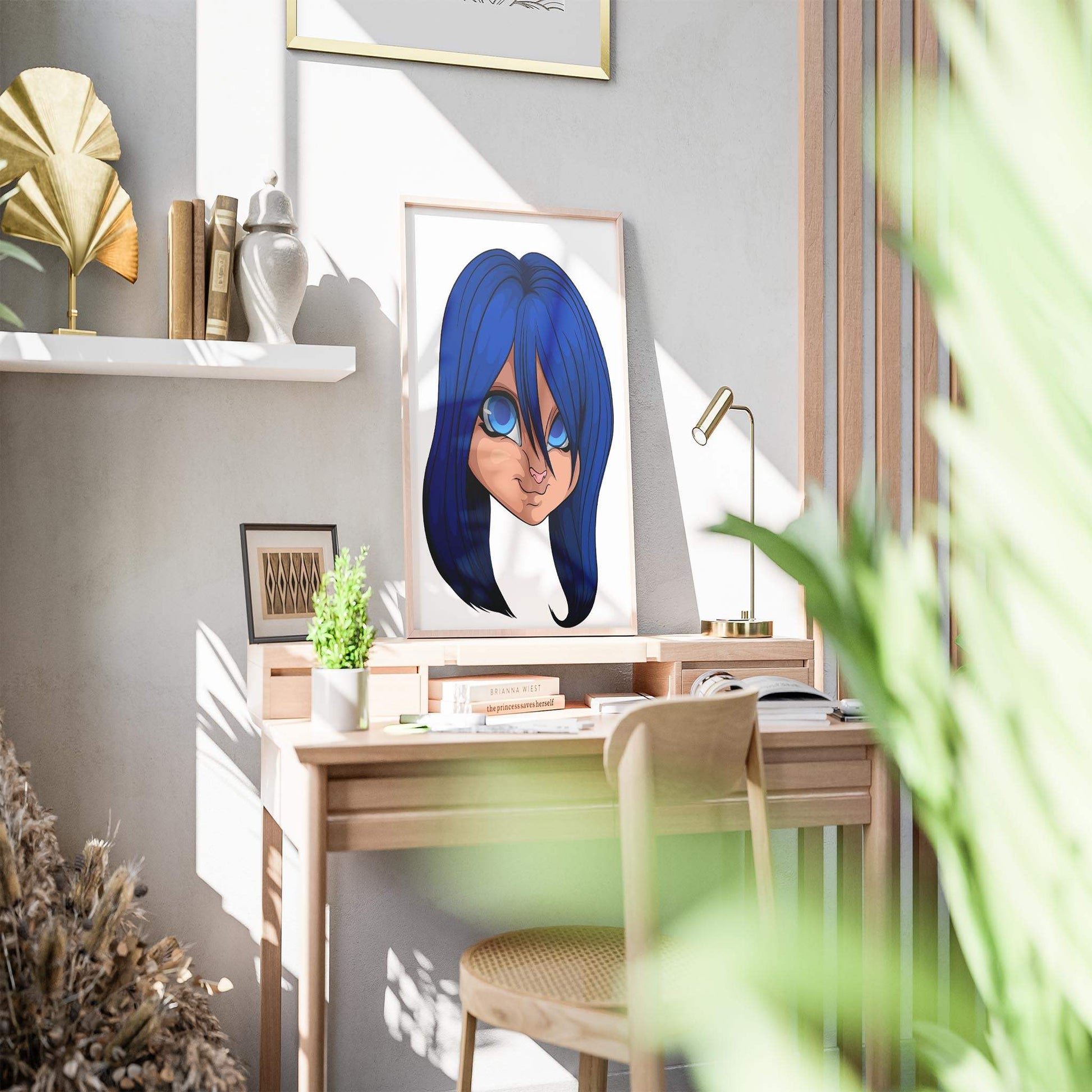 Artwork of blue-haired furry character on a desk in a cozy, modern room setting.