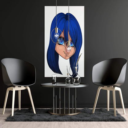 Digital art print of 'Furries Model 16', featuring blue-haired character with expressive eyes, displayed in a modern living room setting.