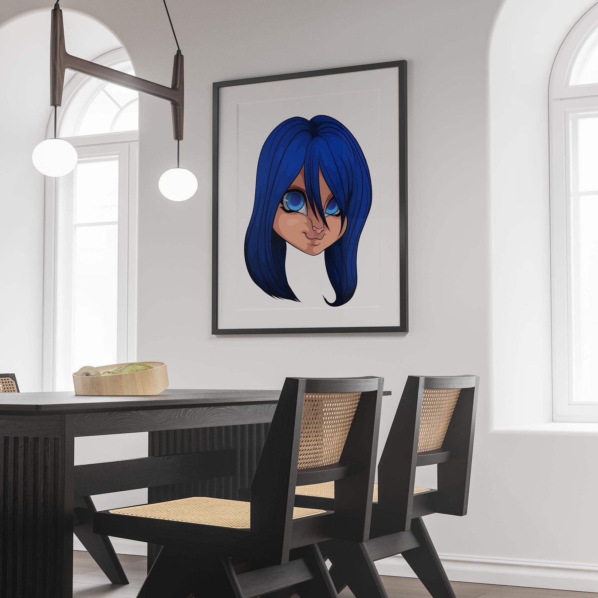Blue-haired furry digital art print on wall in modern dining room.