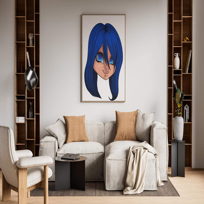Blue-haired furry digital art on wall in modern living room, Baked Art Furries Model 16.