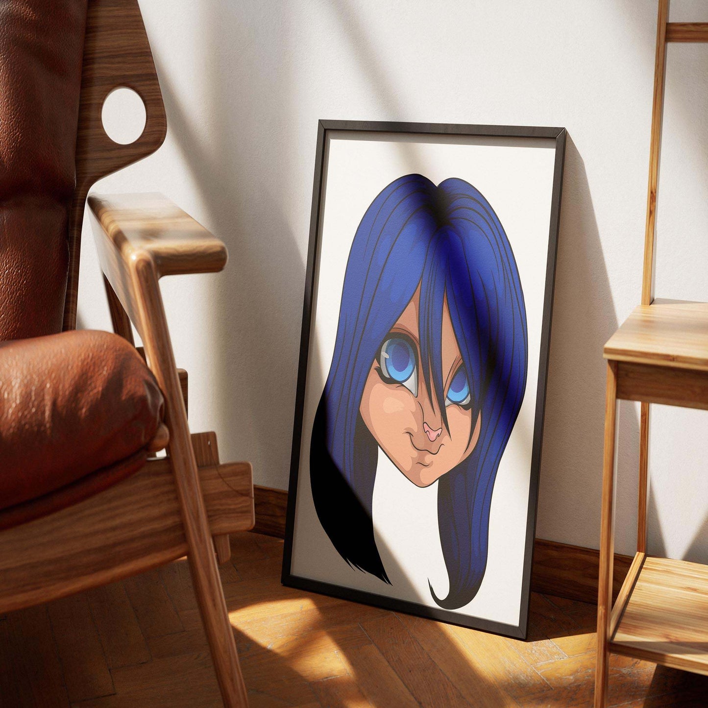 Blue-haired furry digital art print, framed and displayed on wood floor.