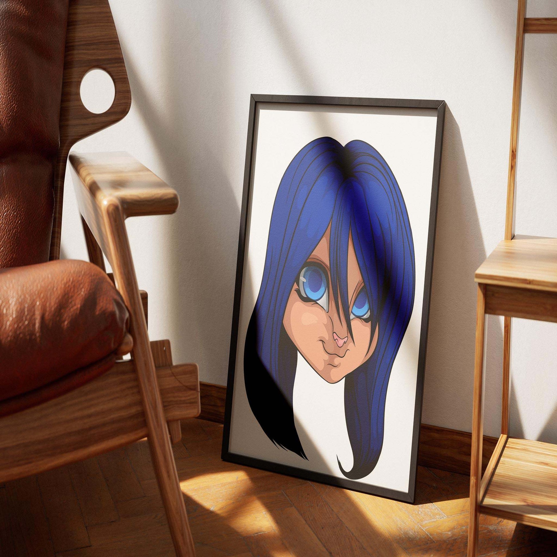 Blue-haired furry digital art print, framed and displayed on wood floor.