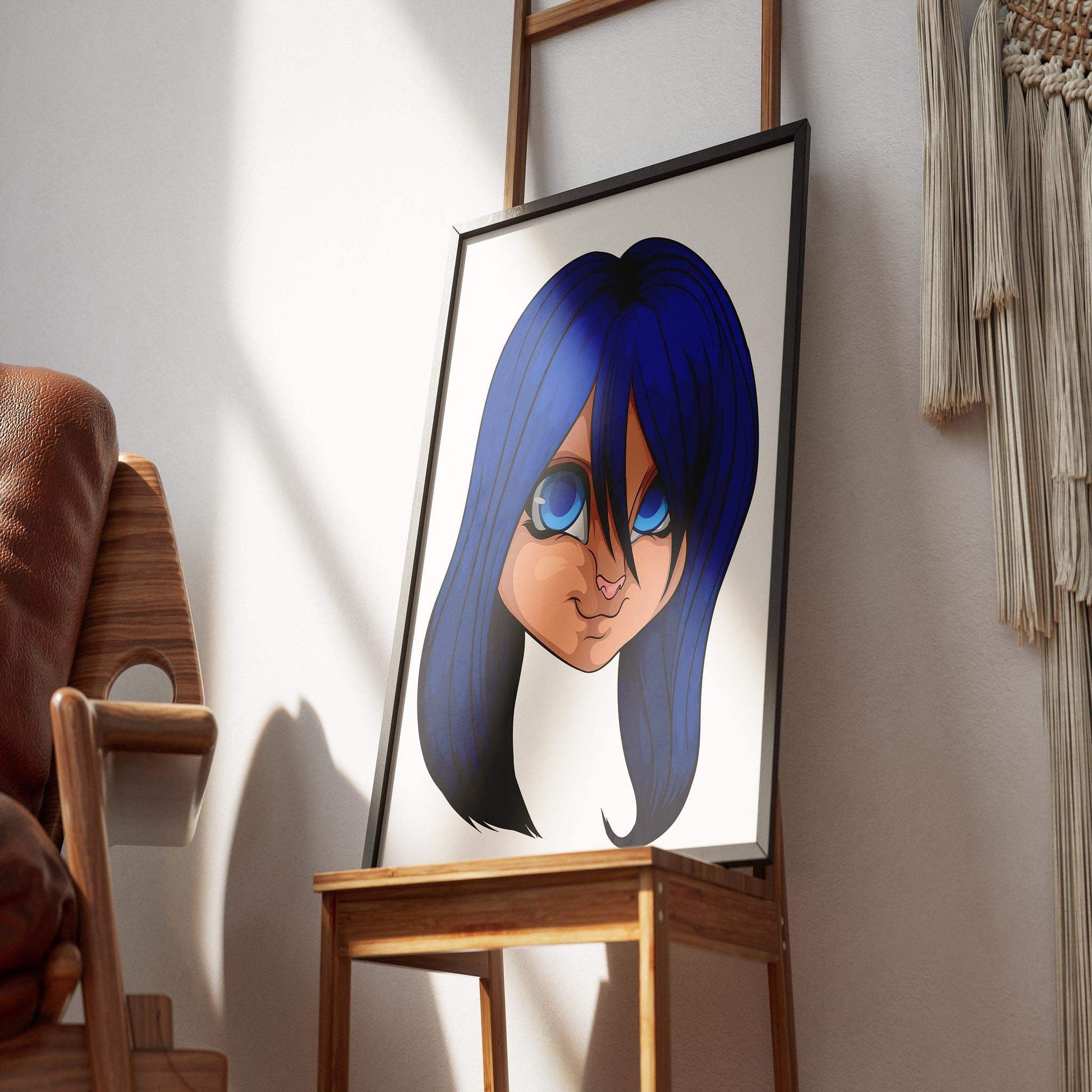 Blue-haired character digital art in frame, titled "Furries Model 16 - Baked Art."