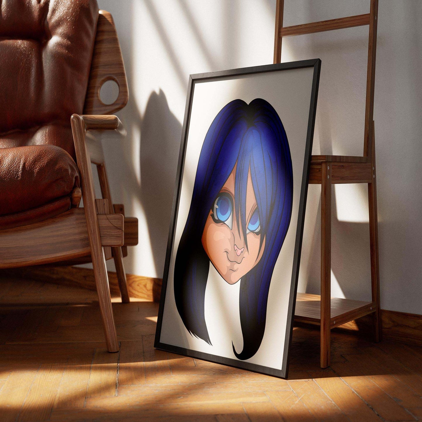 Vibrant blue-haired furry digital art in a frame, featuring expressive eyes, titled "Baked Art - Furries Model 16".