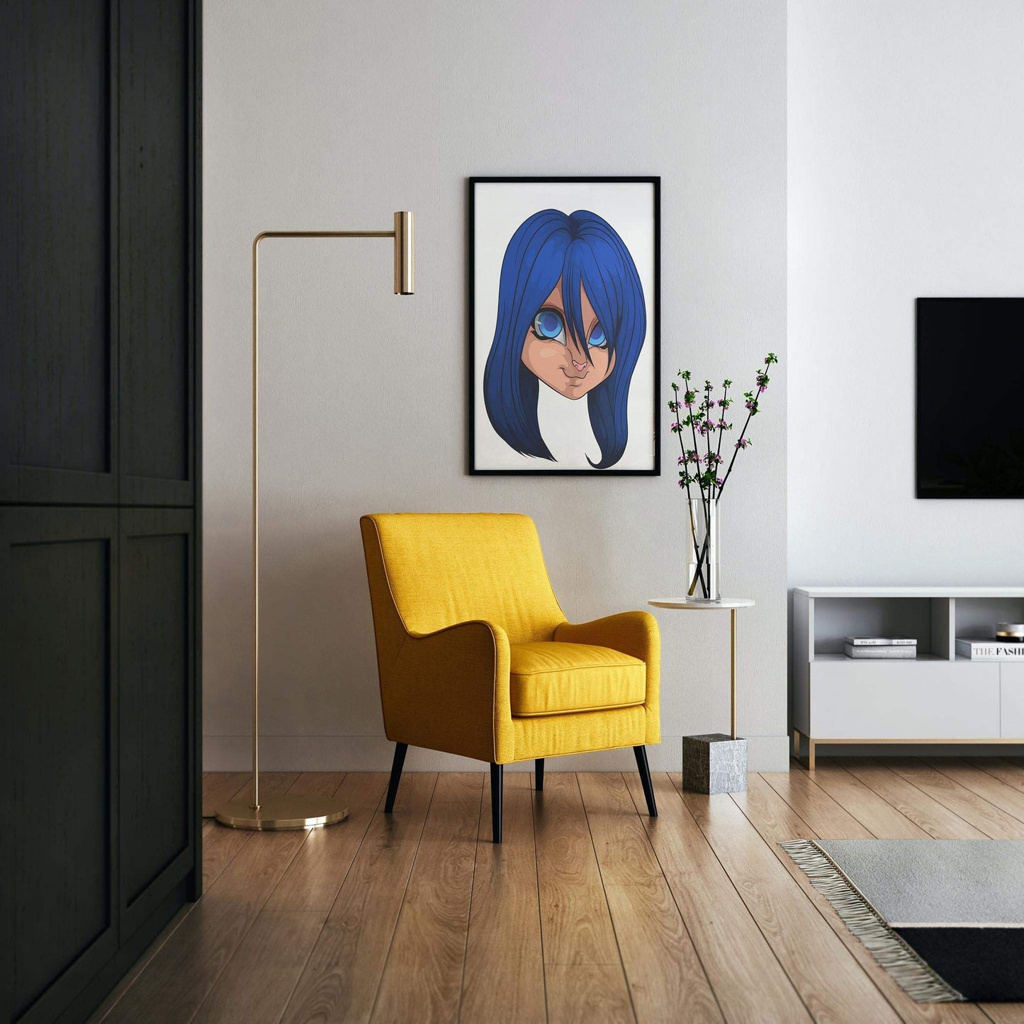 Digital artwork of blue-haired furry character in modern living room setting.