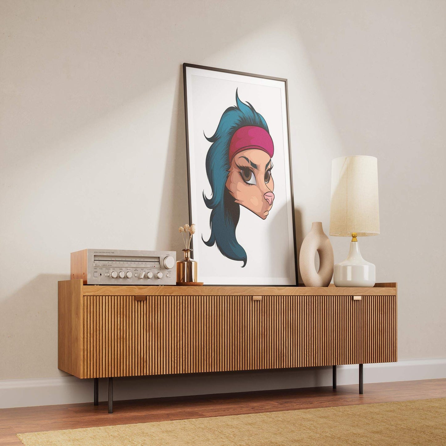 Digital furry art print featuring a striking expression and red headband, displayed in a modern living space setting.