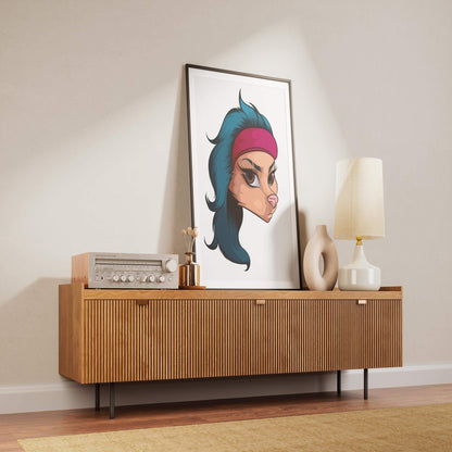 Digital furry art print featuring a striking expression and red headband, displayed in a modern living space setting.