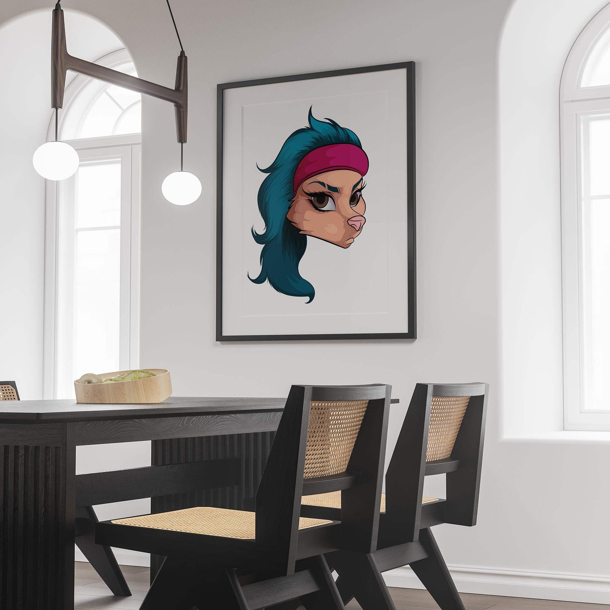 Baked Art - Furries Model 17 displayed as digital furry art with red headband in modern dining room.