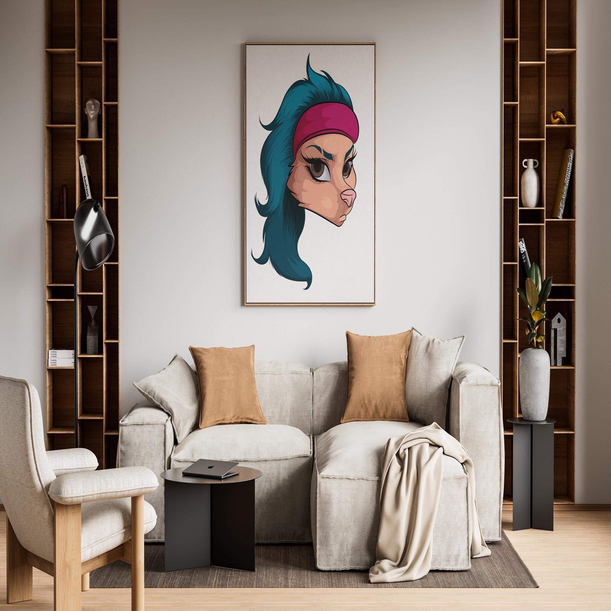 Furry art print featuring a character with a red headband and fierce expression, displayed in a modern living room, Baked Art - Furries Model 17.